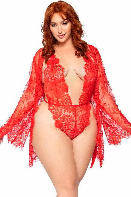 Plus Size Red Lace Teddy & Robe Lingerie Set