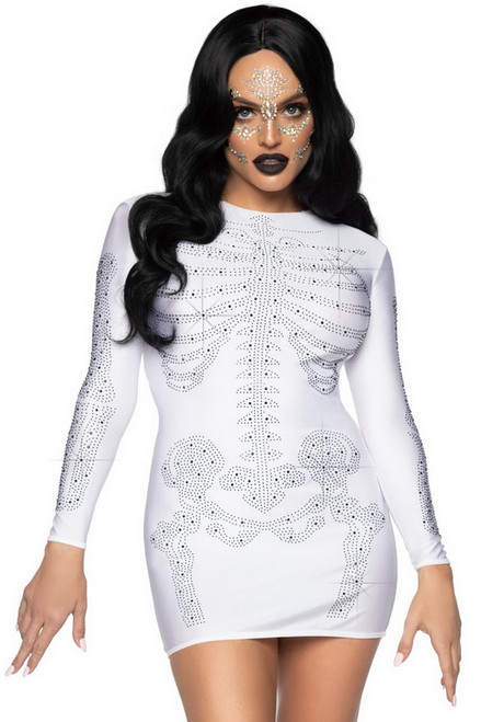 White Spandex Rhinestone Skeleton Dress