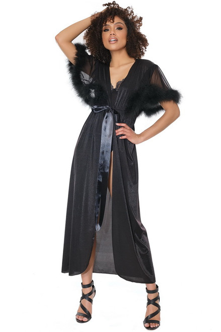 Black Mesh & Marabou Full Length Robe