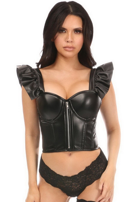 Plus Size Black Faux Leather Ruffle Sleeve Bustier Top
