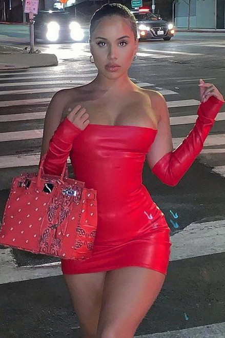 Red Faux Leather Tube Mini Dress & Gloves Set