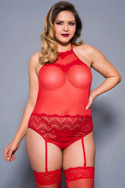 Plus Size Red High Neck Lace & Mesh Teddy