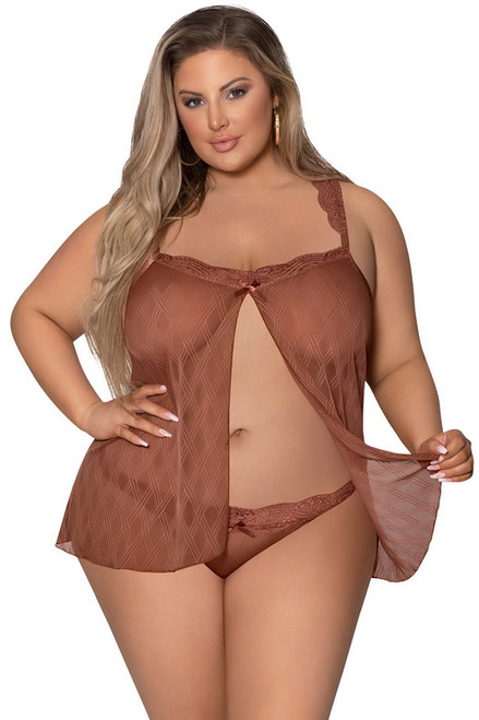 Plus Size Jacquard Mesh Fly Away Front Lingerie Babydoll & Thong