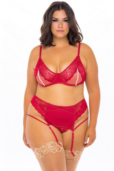 Plus Size Red Lace & Pearl Bra, Garterbelt & G-string