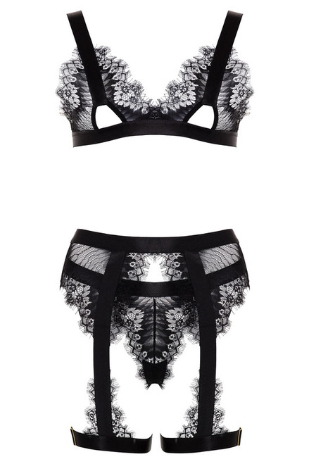 Black Snake Print Eyelash Lace Lingerie Bra Set