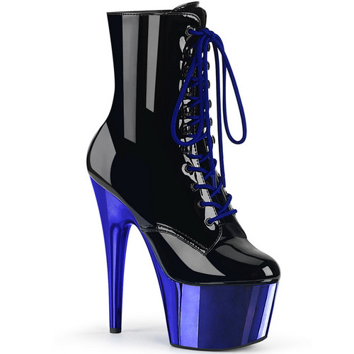 7" Heel Black Patent & Royal Blue Chrome Platform Ankle Boots