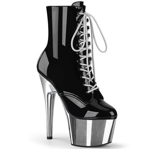 7" Heel Black Patent & Silver Chrome Platform Ankle Boots