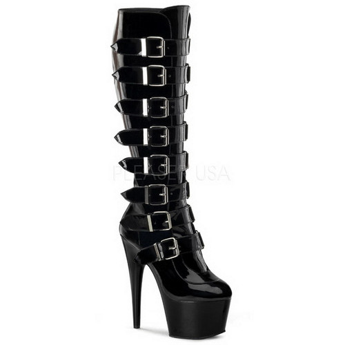 Black Buckle Knee High Pat Heel Boots