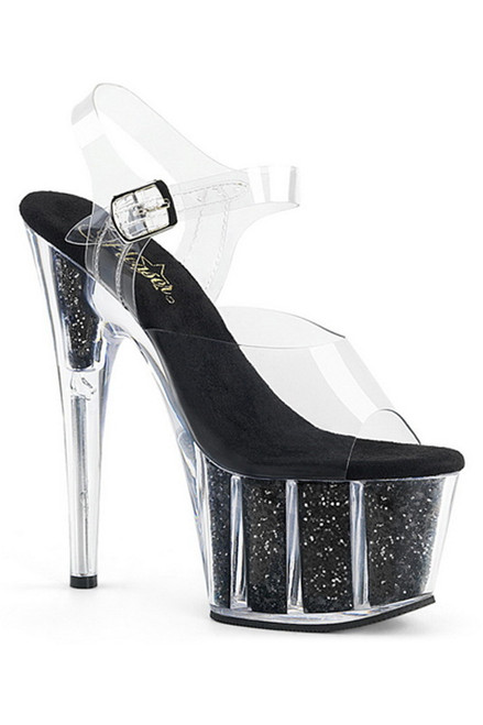 7" Heel Black Glitter Platform Ankle Strap Sandals