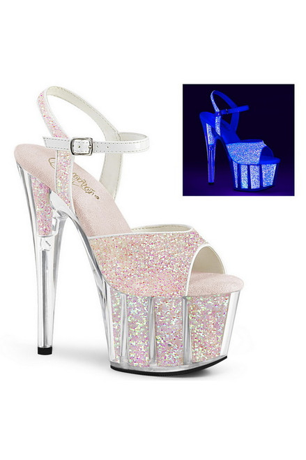 7" Heel Neon Opal Glitter Platform Ankle Strap Sandals