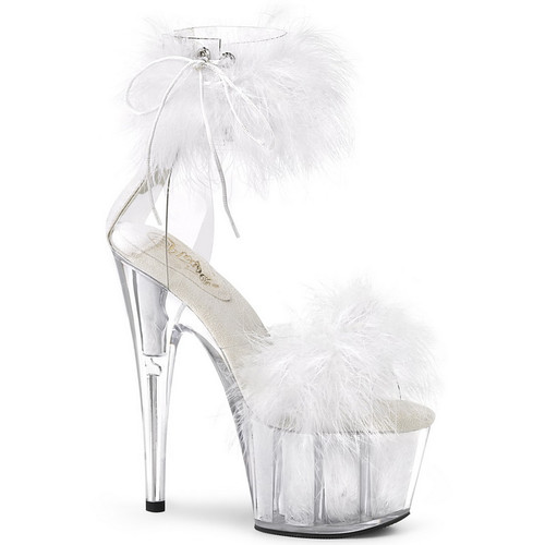 7" Heel White Marabou Fur Ankle Cuff Sandals