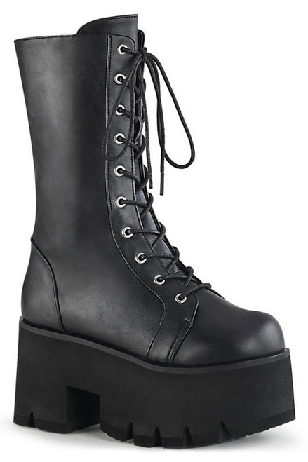 Demonia 3 1/2" Chunky Heel Black Vegan Leather Mid-Calf Boots