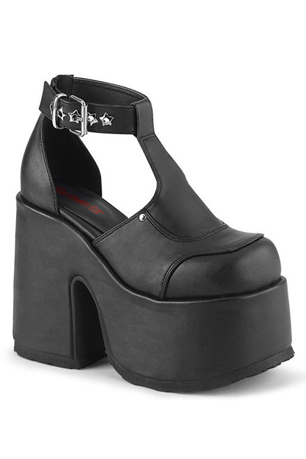 Demonia 5" Chunky Heel Black Vegan Leather T-Strap Sandals