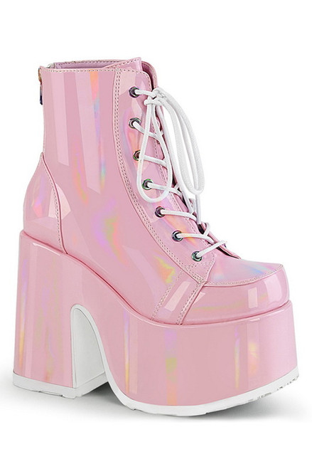 5" Chunky Heel Baby Pink Hologram Lace-Up Ankle Boots
