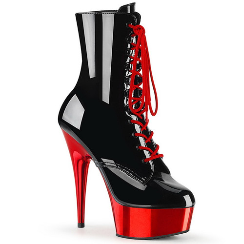 6" Stiletto Heel Black & Red Chrome Platform Lace-Up Ankle Boots