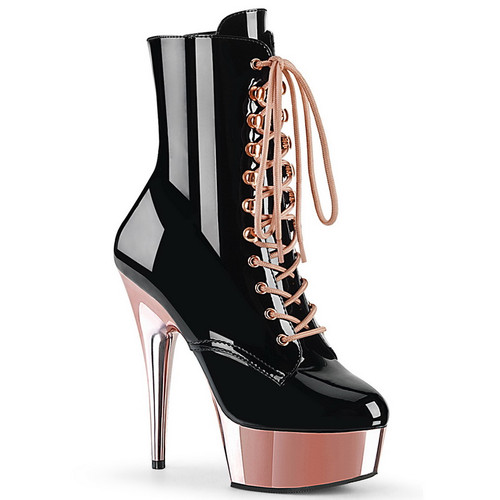 6" Stiletto Heel Black & Rose Gold Chrome Platform Lace-Up Ankle Boots