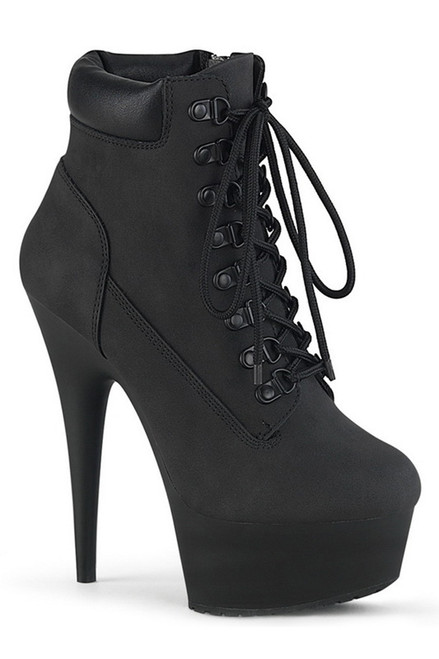 6" Heel Black Nubuck Faux Leather Lace-Up Front Booties