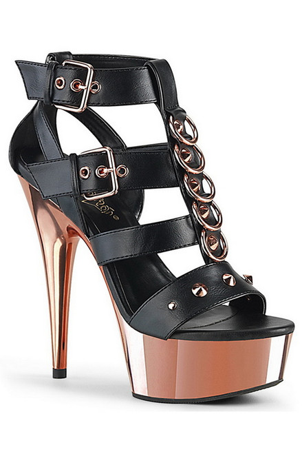 6" Heel Black Faux Leather & Rose Gold Chrome Platform Strappy Sandals