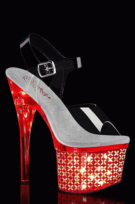 7" Heel Silver Chrome LED Light-Up Flowers Ankle Strap Sandals