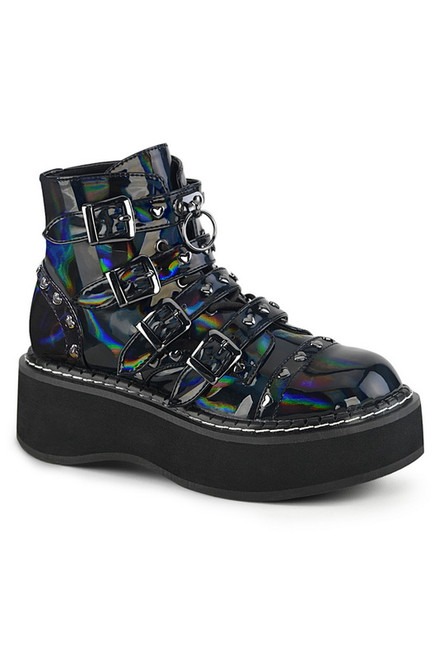 2" Platform Black Hologram Vegan Leather Ankle Boots