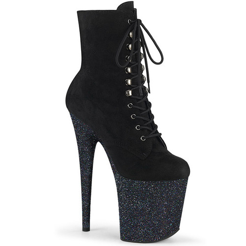 8" Heel Black Faux Suede & Mini Glitter Platform Ankle Boots