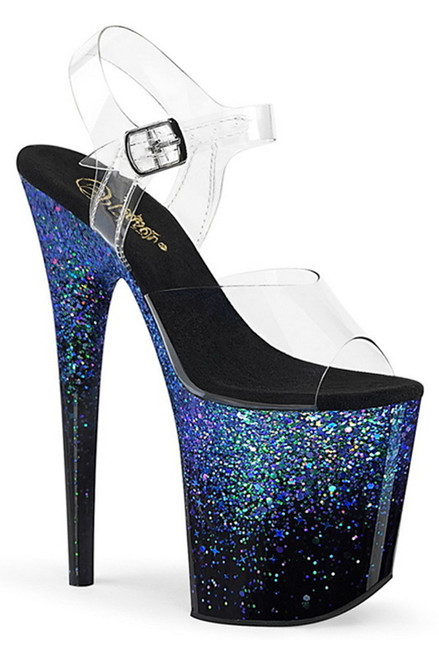 8" Heel Black & Blue Multi Glitter Ankle Strap Sandals