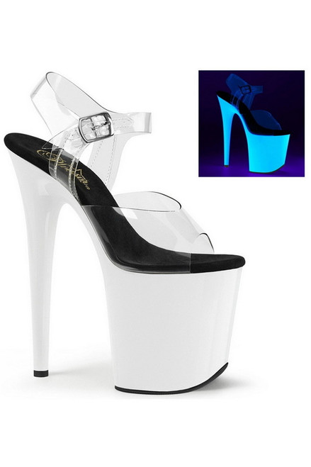 8" Heel White UV Reactive Ankle Strap Sandals