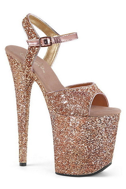 8" Heel Rose Gold Glitter Ankle Strap Sandals