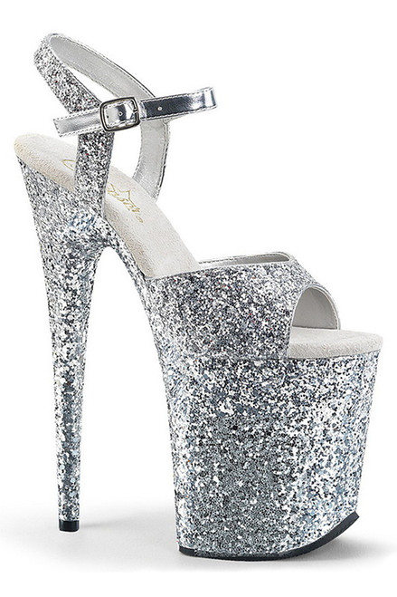 8" Heel Silver Glitter Ankle Strap Sandals