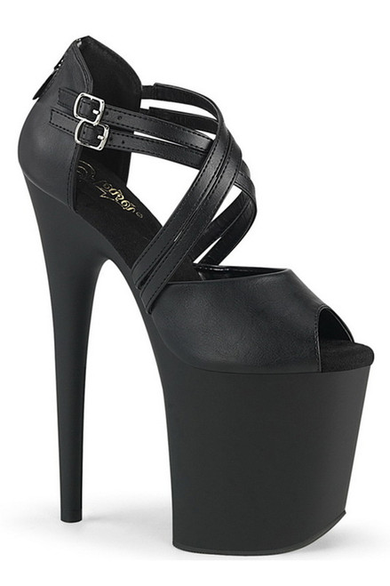 8" Heel Black Faux Leather Criss-Cross Peep Toe Sandals