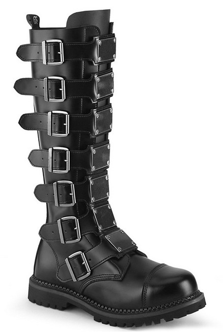 Demonia Black Leather Unisex Steel Toe Knee Boots