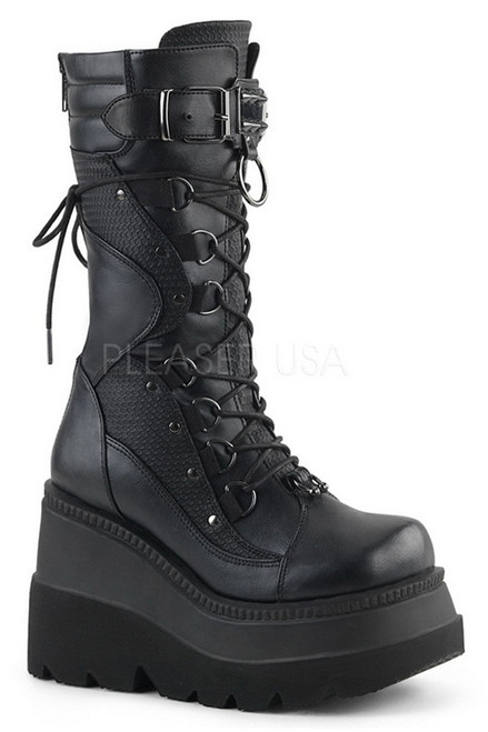4 1/2" Wedge Platform Black Vegan Leather Mid-Calf Boots