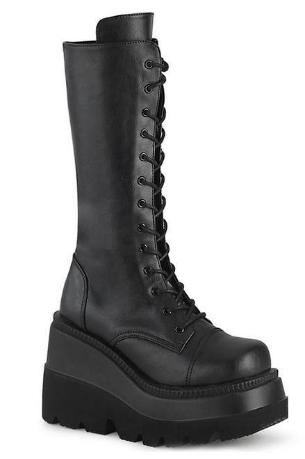 4 1/2" Wedge Platform Black Vegan Leather Lace-Up Front Mid-Calf Boots