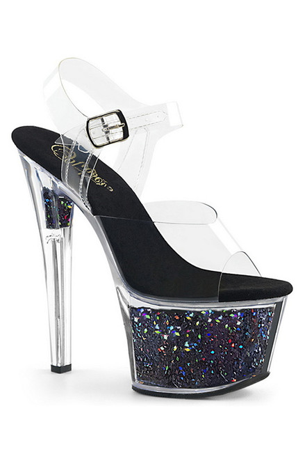 7" Heel Black Multi Glitter Sandals