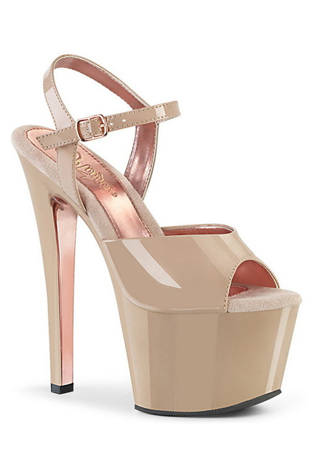 7" Heel Nude & Rose Gold Ankle Strap Sandals