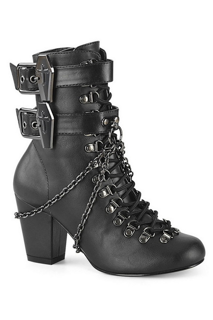 3" Block Heel Black Vegan Leather Ankle Boots