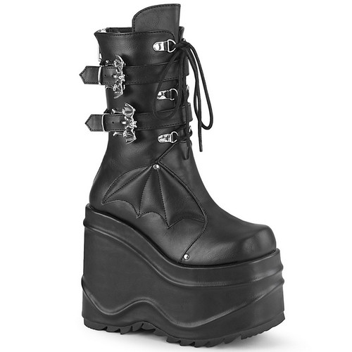 6" Wedge Platform Black Vegan Leather Mid-Calf Boots
