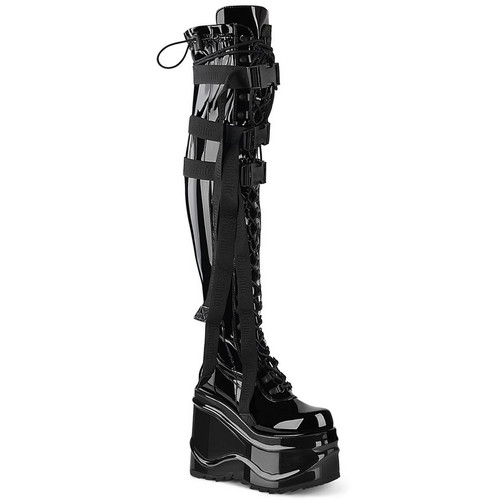 6" Wedge Platform Black Patent Stretch Thigh High Boots