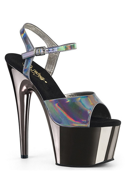 7" Heel Pewter Chrome Plated Platform Ankle Strap Sandals