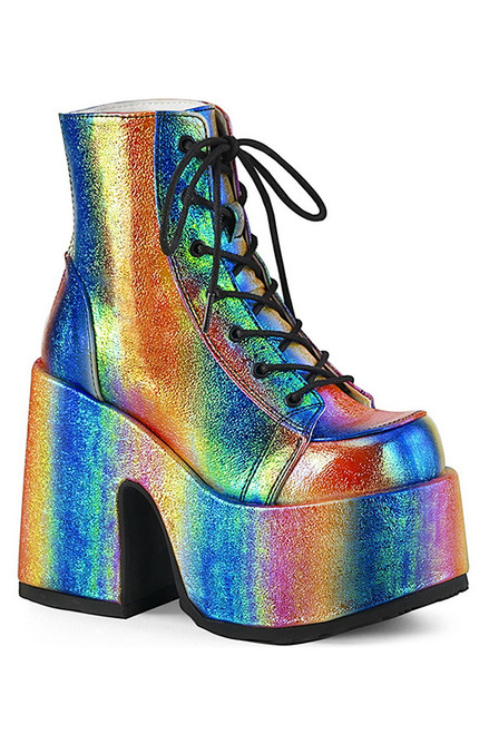 5" Chunky Heel Rainbow Iridescent Vegan Leather Lace-Up Ankle Boots