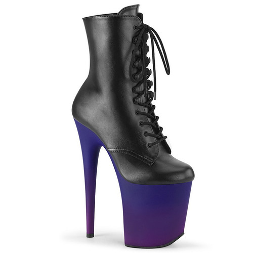 8" Heel Black Faux Leather & Ombre Platform Lace-Up Front Ankle Boots