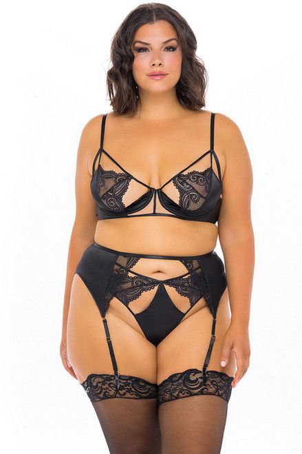 Plus Size Black Deco Lace & Satin Bra Set