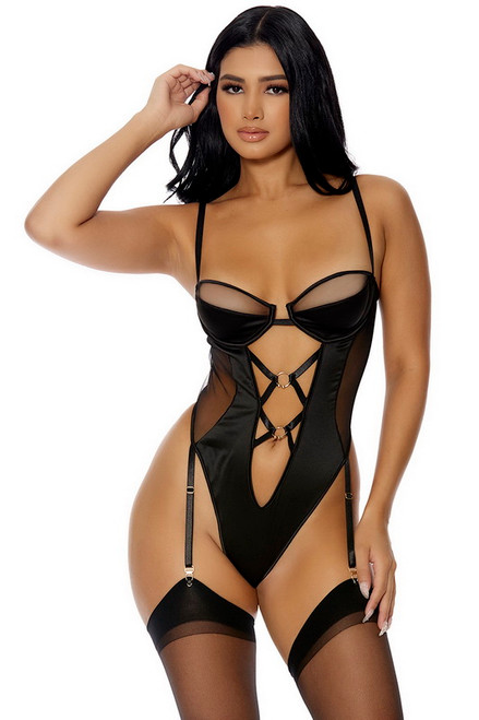 Black Gartered Satin & Mesh Lingerie Teddy