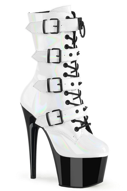 7" Heel White Holo & Black Buckled & Lace Up Ankle Boots