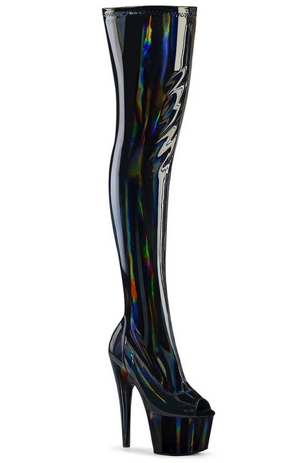 7" Heel Black Stretch Holo Peep Toe Stretch Thigh High Boots