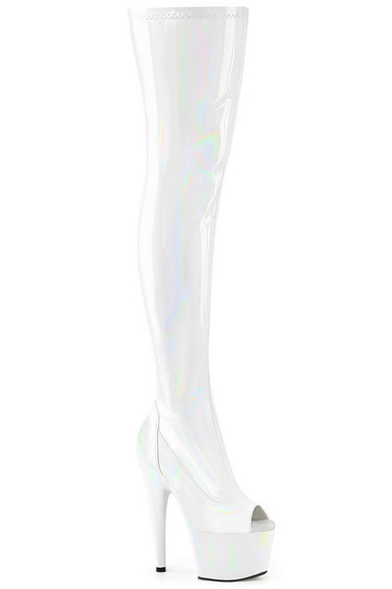 7" Heel White Stretch Holo Peep Toe Stretch Thigh High Boots