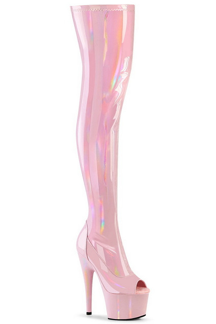7" Heel Baby Pink Stretch Holo Peep Toe Stretch Thigh High Boots