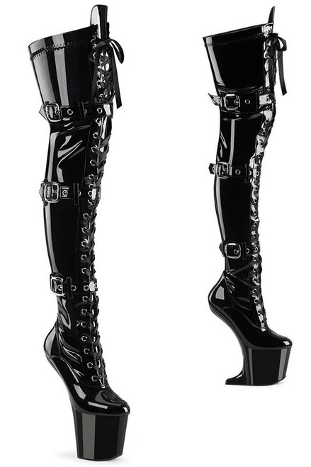 8" Heelless Black Patent Stretch Thigh High Buckled Boots