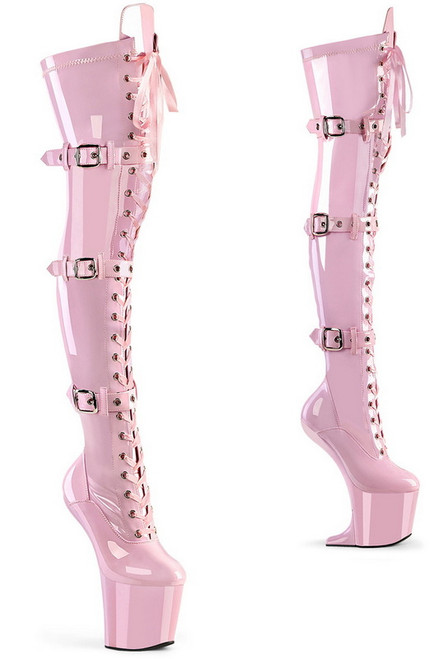 8" Heelless Baby Pink Patent Stretch Thigh High Buckled Boots