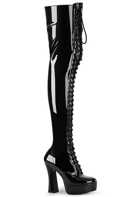 5" Black Patent Lace Up Front Thigh High Boots